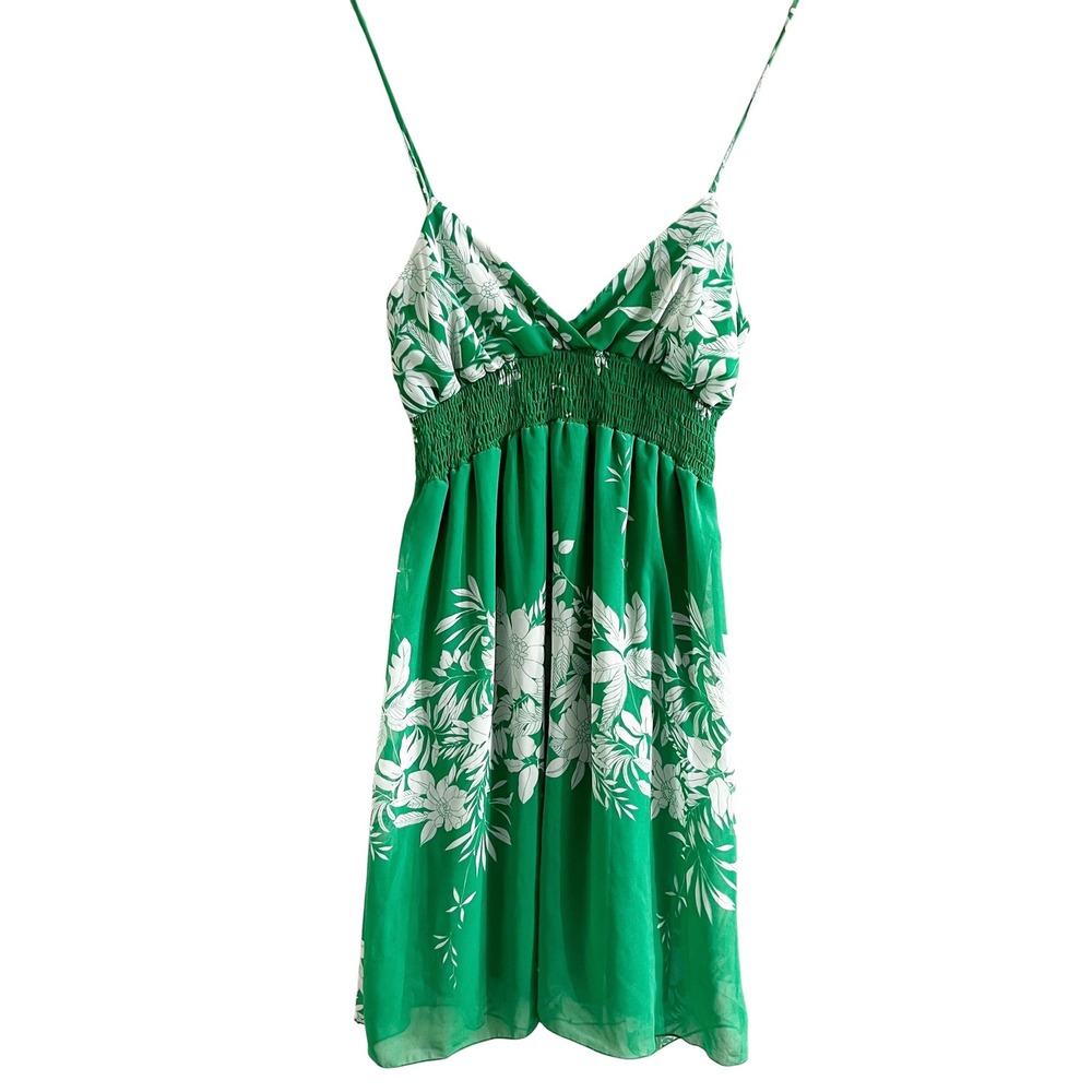 JUMP Green floralChiffon‎ Sundress M Y2 Tropical Hawaiian Smocked Mini Dress